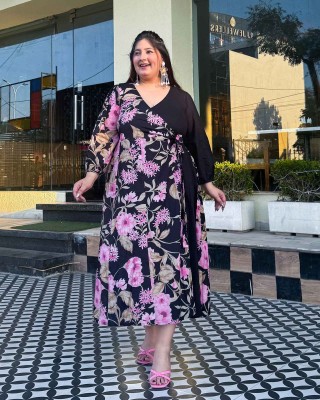 Flamingo & Black Floral Cotton Wrap Dress
