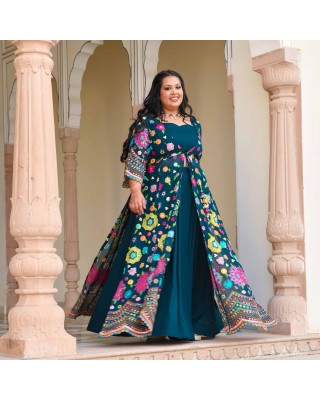 Prussian Blue Floral Embroidered Georgette Cape Set