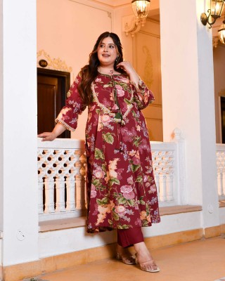 Cherrywood- Maroon Floral Pure Cotton Aline Slit Kurta