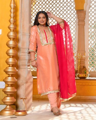 Blush of Dawn- Peach Tissue Silk Gota Patti Suit Set