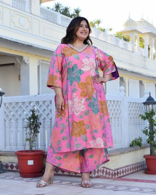 Carnation- Blush Pink Floral Modal Viscose Blend Kurta with Asymmetrical Pants