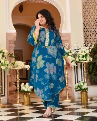 Charming Teal Floral Modal Viscose Aline Kurta Pant Set