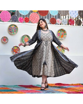 Shadow & Sand Handblock Printed Bandhani Dress With Cape