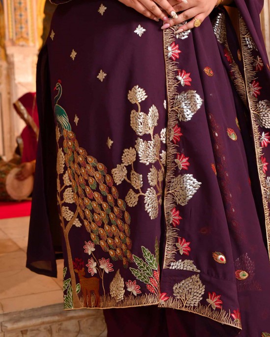 Gulnaar- Wine Embroidered Georgette Suit Set Gulnaar- Wine Embroidered Georgette Suit Set