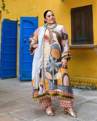 Cantaloupe-Beige & Peach Tropical Pure Muslin Suit Set