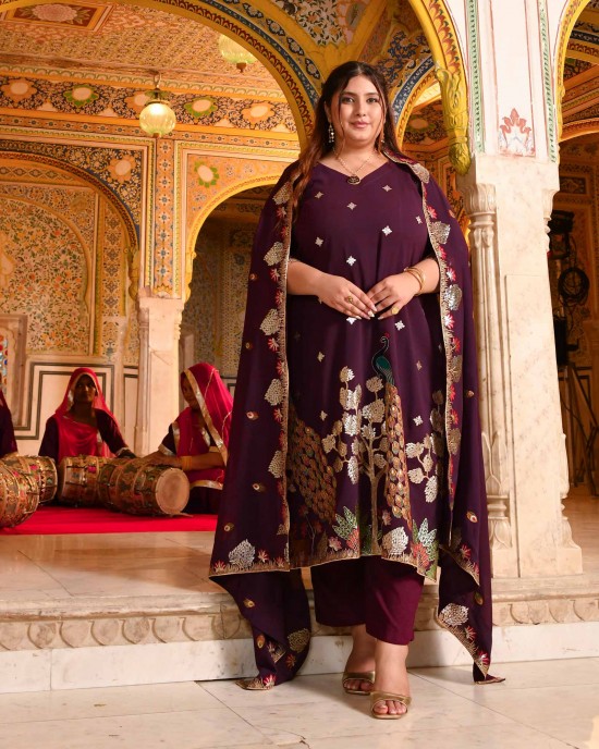 Gulnaar- Wine Embroidered Georgette Suit Set Gulnaar- Wine Embroidered Georgette Suit Set