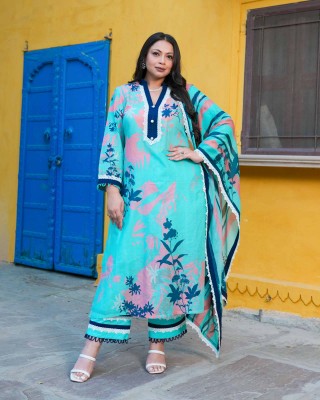 Aqua Petal Delight Summer Story Cotton Suit Set
