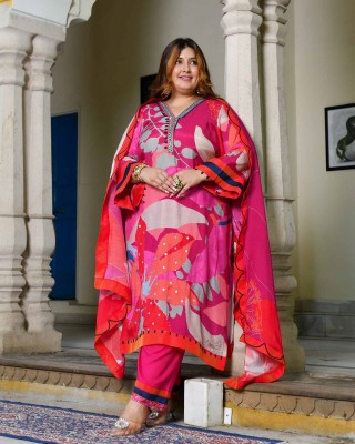Amaranth-Red & Rani Pink Hand Embroidered Floral Print Suit Set