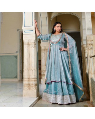 Aasman Ka Moti - Sky Blue Tissue Silk Embroidered Cape Set