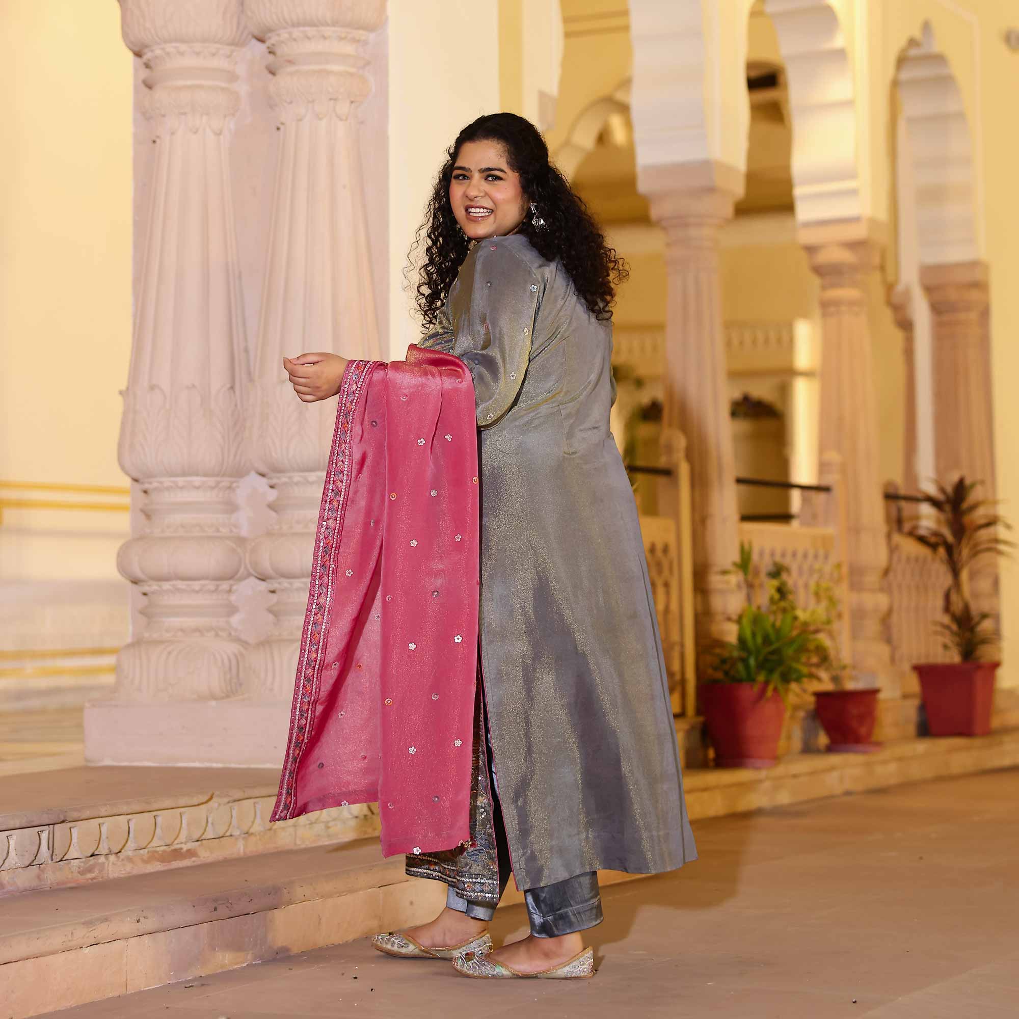Grey Grace & Rose Sequin Embroidered Tissue Silk Suit Set