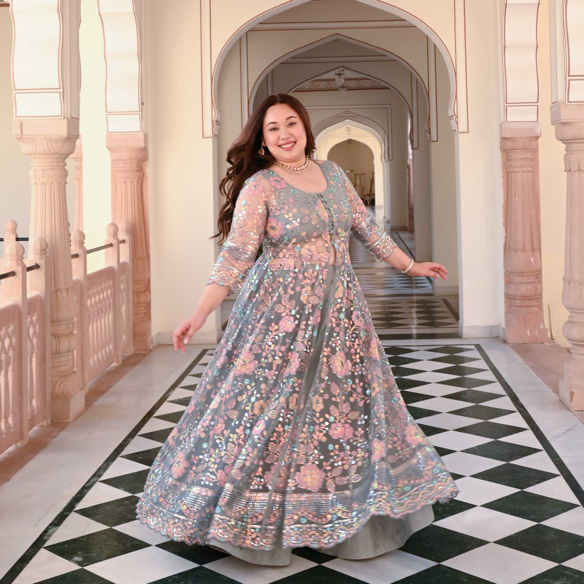 Silver Luster Floral Sequin Embroidered Net Cape Set Silver Luster Floral Sequin Embroidered Net Cape Set