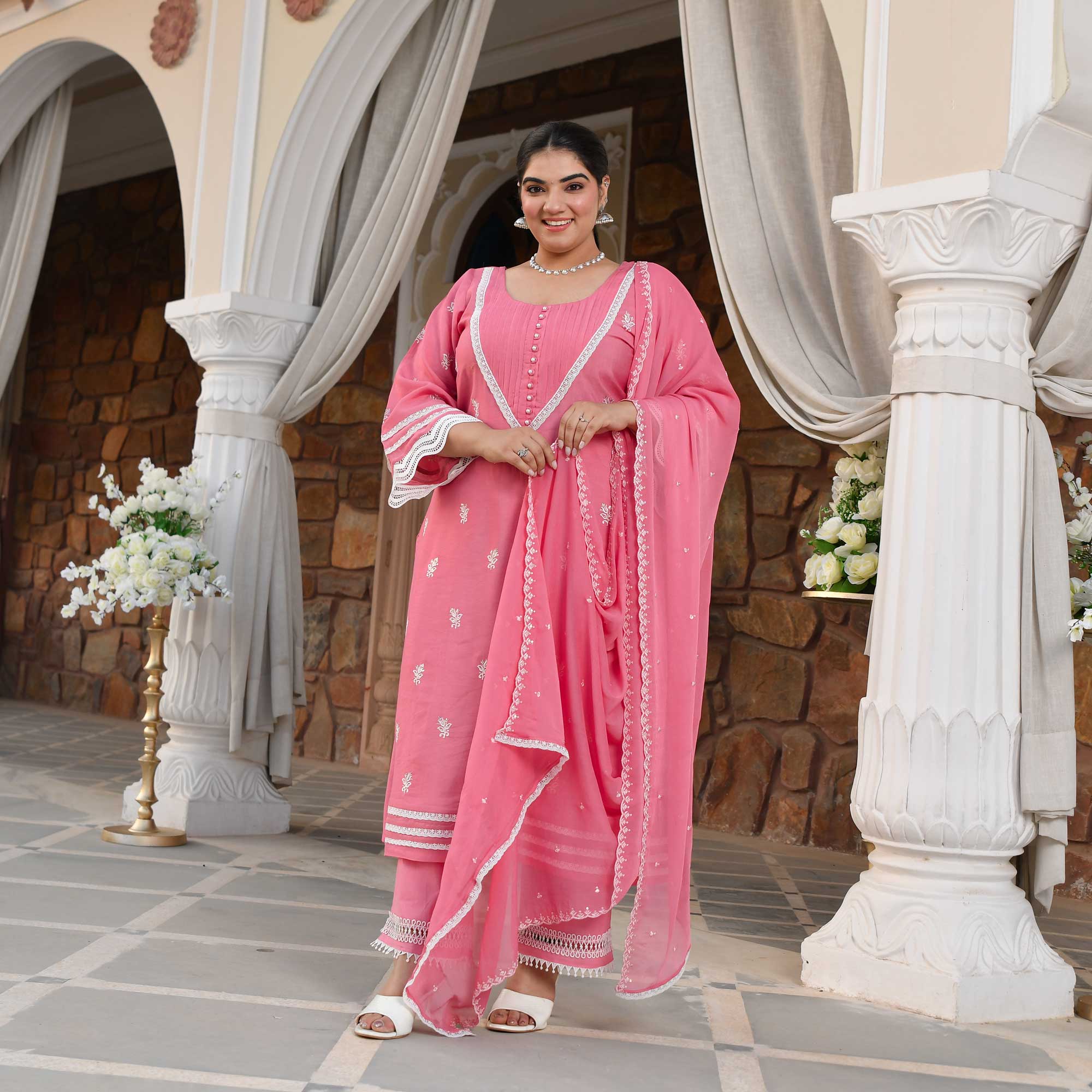 Cadillac Pink Thread Embroidered Muslin Suit Set