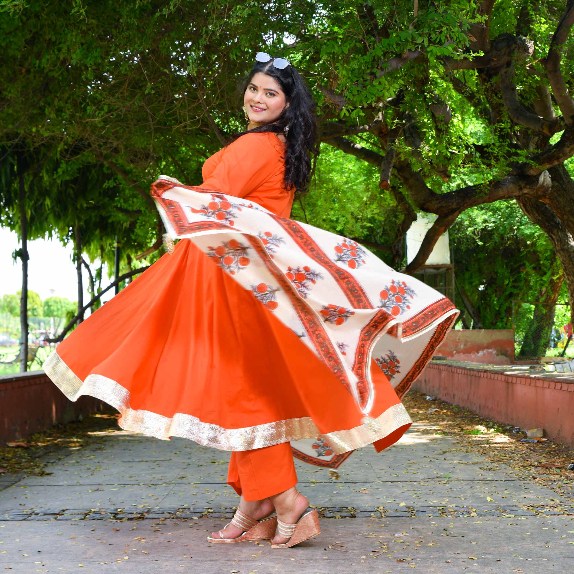 Tangerine Floral Cotton Anarkali Set Tangerine Floral Cotton Anarkali Set
