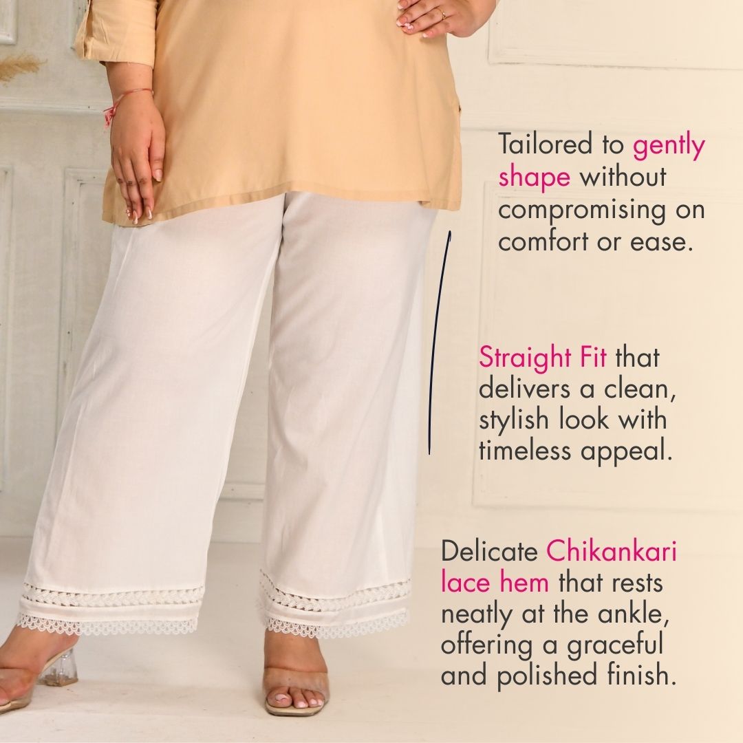 Mogra- White Pure Cotton Straight Fit Chikan Laced Pants Mogra- White Pure Cotton Straight Fit Chikan Laced Pants