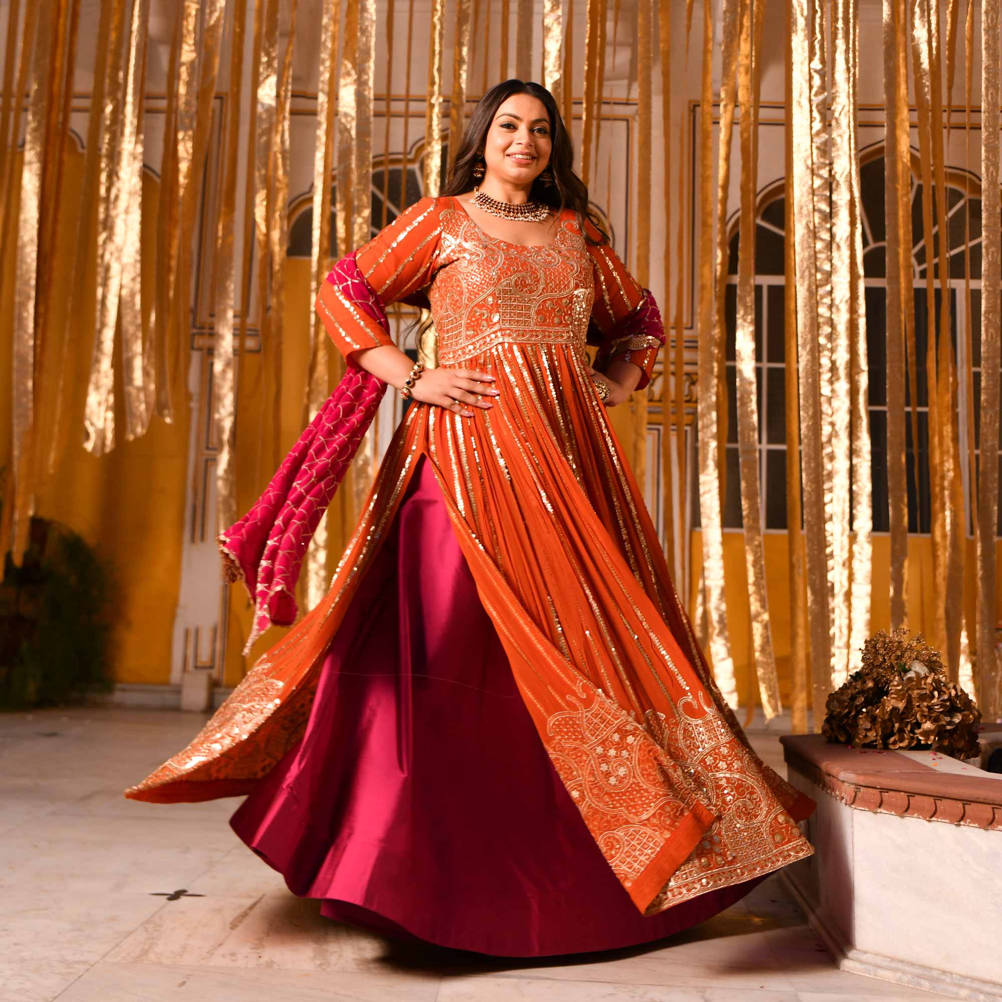 Rosette Royale - Rust Orange & Deep Pink Sequin Embroidered Pure georgette Anarkali Skirt Set Rosette Royale - Rust Orange & Deep Pink Sequin Embroidered Pure georgette Anarkali Skirt Set