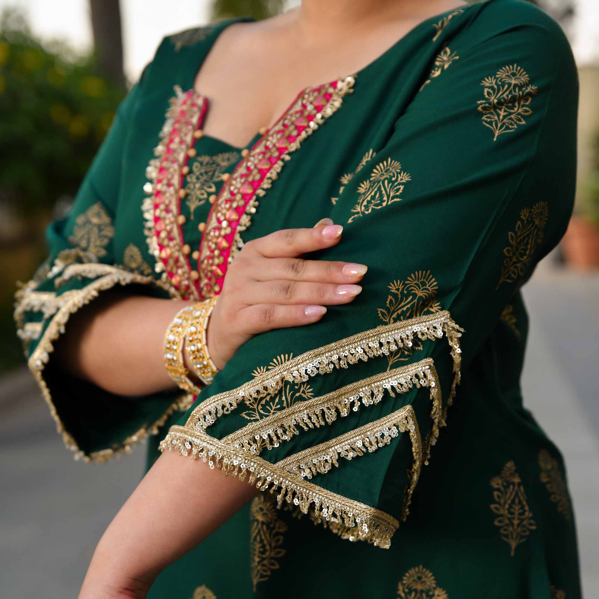 Rasiya - Green & Gold Block Printed Rayon Princess Line Kurta
