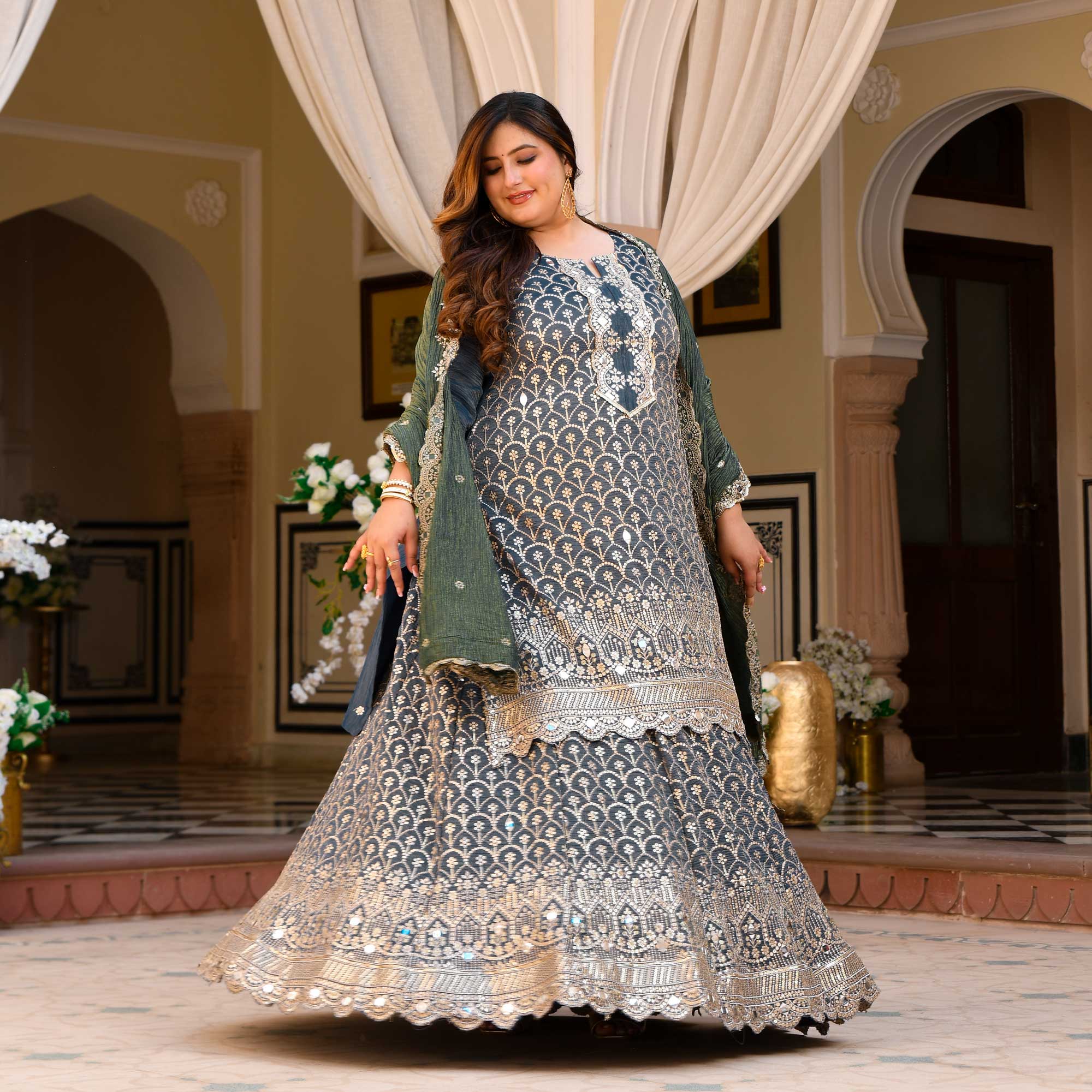 Leela - Slate Grey & Limed Ash Crushed Sequin Embroidered Pure Tissue Silk Skirt Set