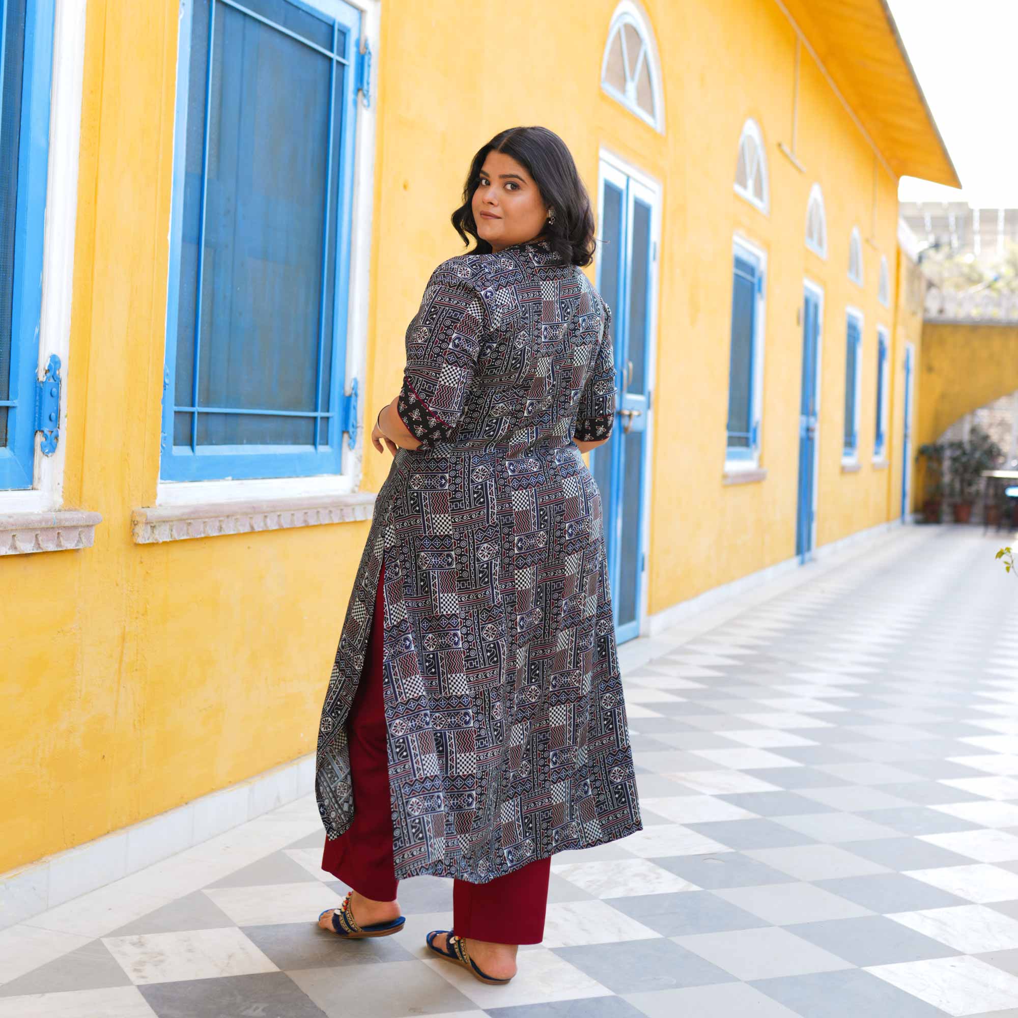 Carbon Black Ajrakh Aline Modal Kurta Carbon Black Ajrakh Aline Modal Kurta