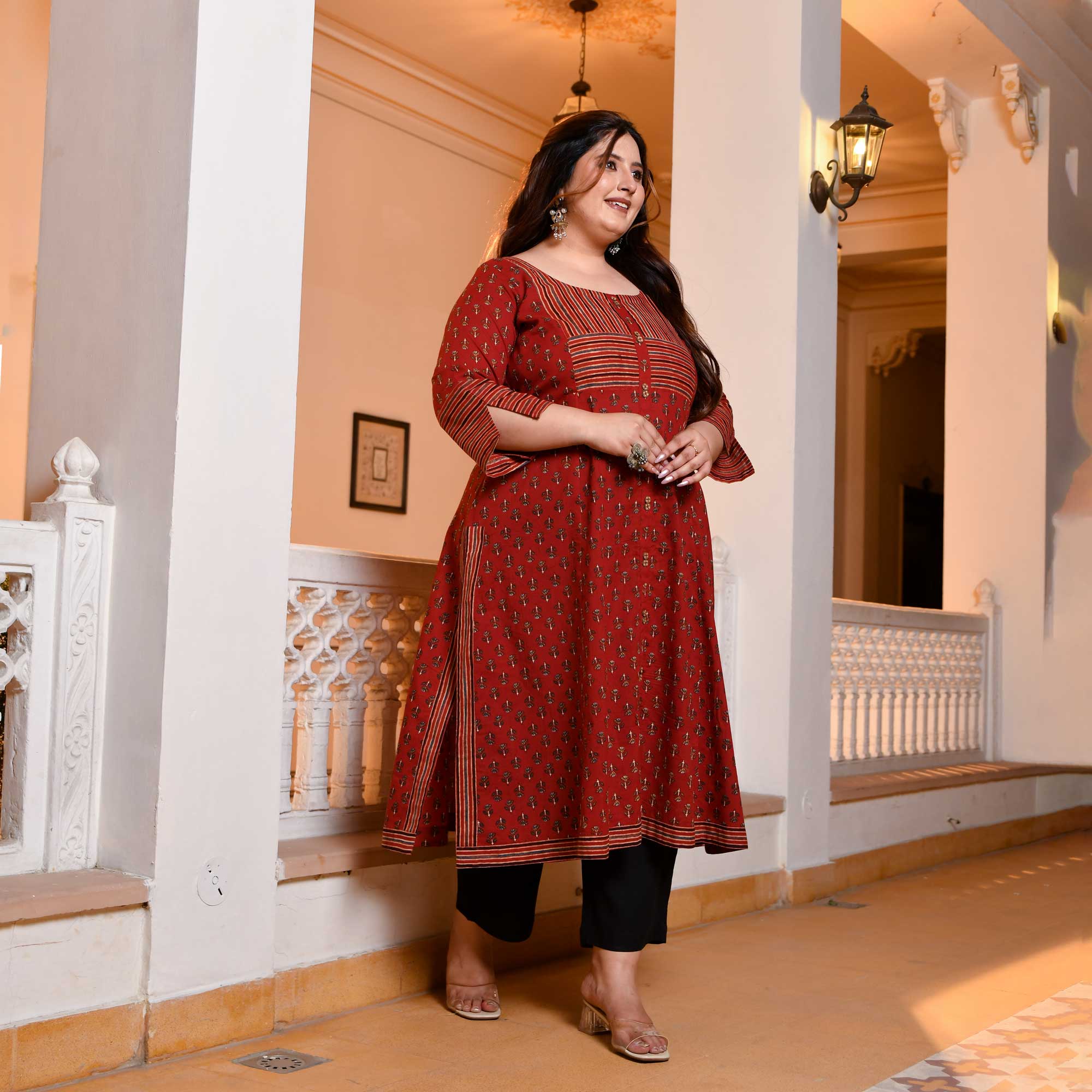 Maati- Earthy Brown Handblock Printed Aline Slit Kurta