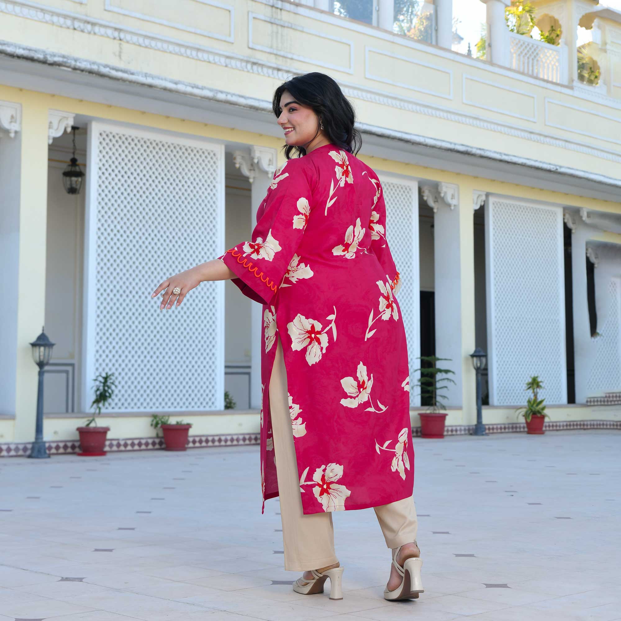 Camellia- Deep Pink Floral Print Rayon Kurta Camellia- Deep Pink Floral Print Rayon Kurta