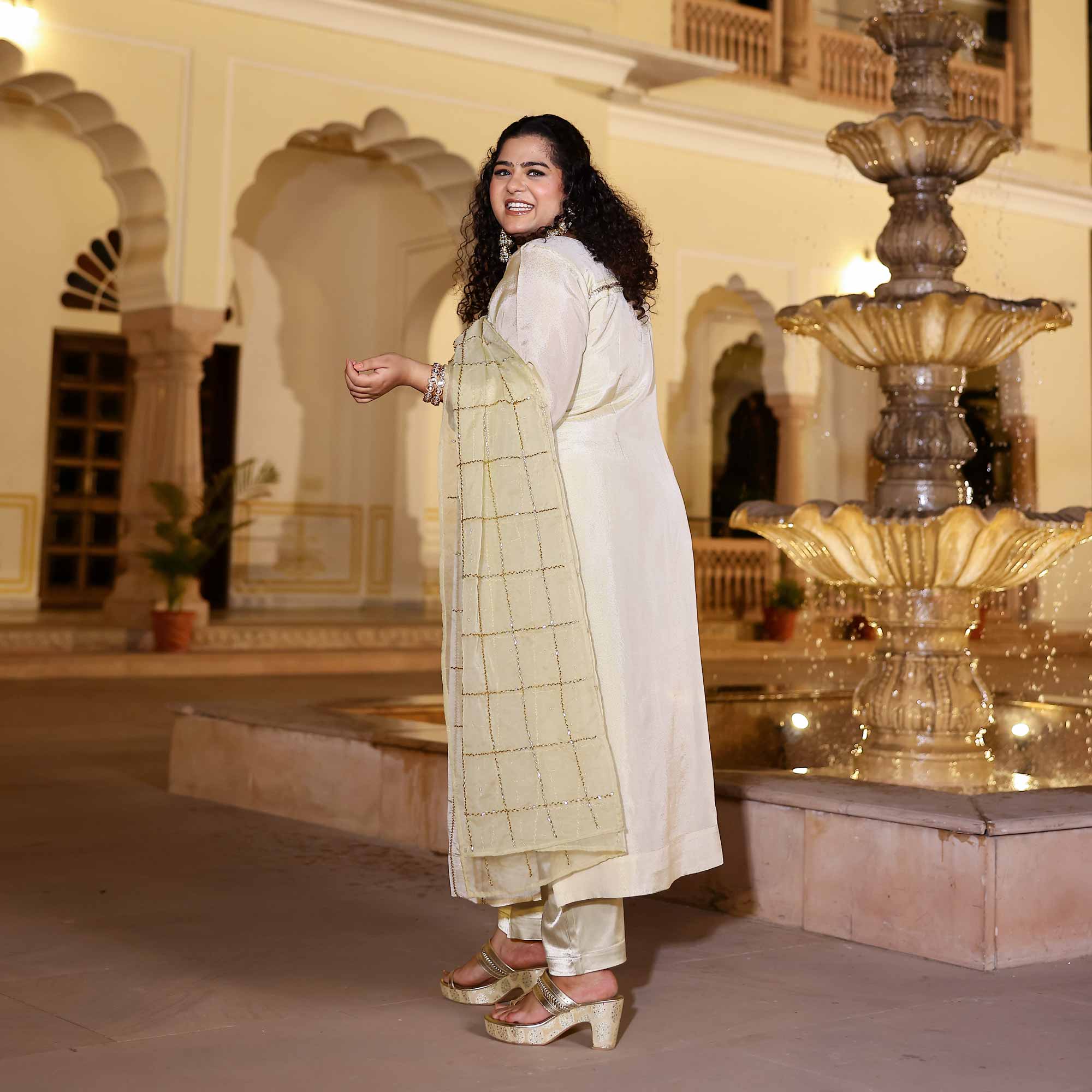 MOHANA Off-White & Gold Cutdana Embroidered Pure Tissue Silk Kurta