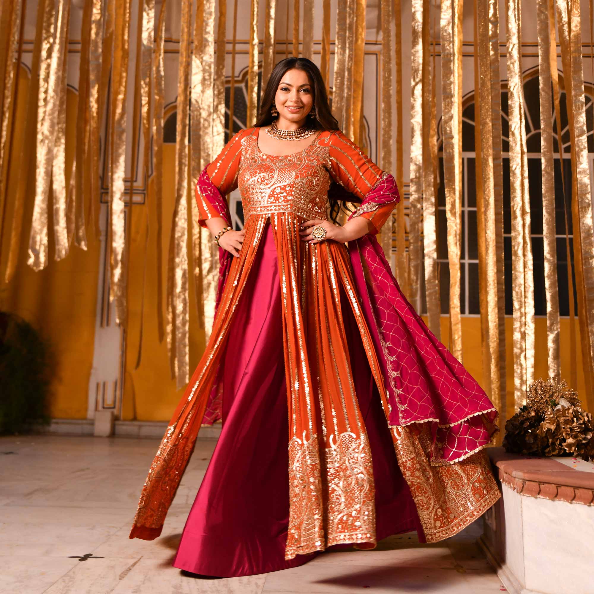 Rosette Royale - Rust Orange & Deep Pink Sequin Embroidered Pure georgette Anarkali Skirt Set Rosette Royale - Rust Orange & Deep Pink Sequin Embroidered Pure georgette Anarkali Skirt Set