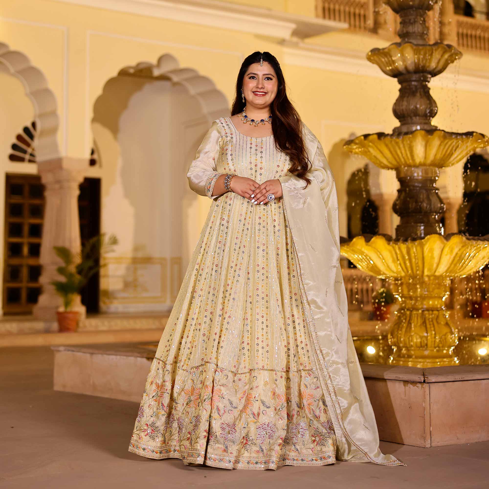 RAGINI Off-White & Gold Sequin Embroidered Pure Tissue Silk Anarkali Set RAGINI Off-White & Gold Sequin Embroidered Pure Tissue Silk Anarkali Set