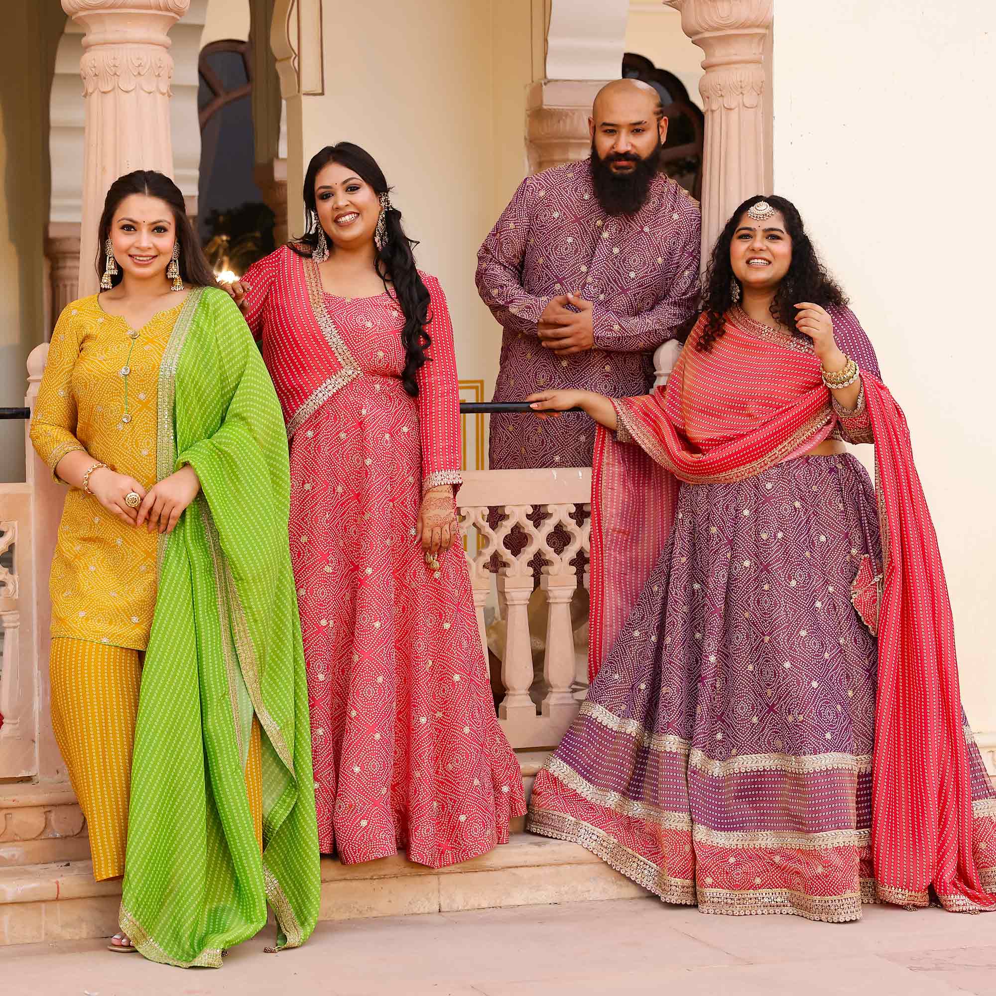 Blushing Hibiscus Bandhani Pure Tissue Silk Anarkali With Asymmetrical Cape