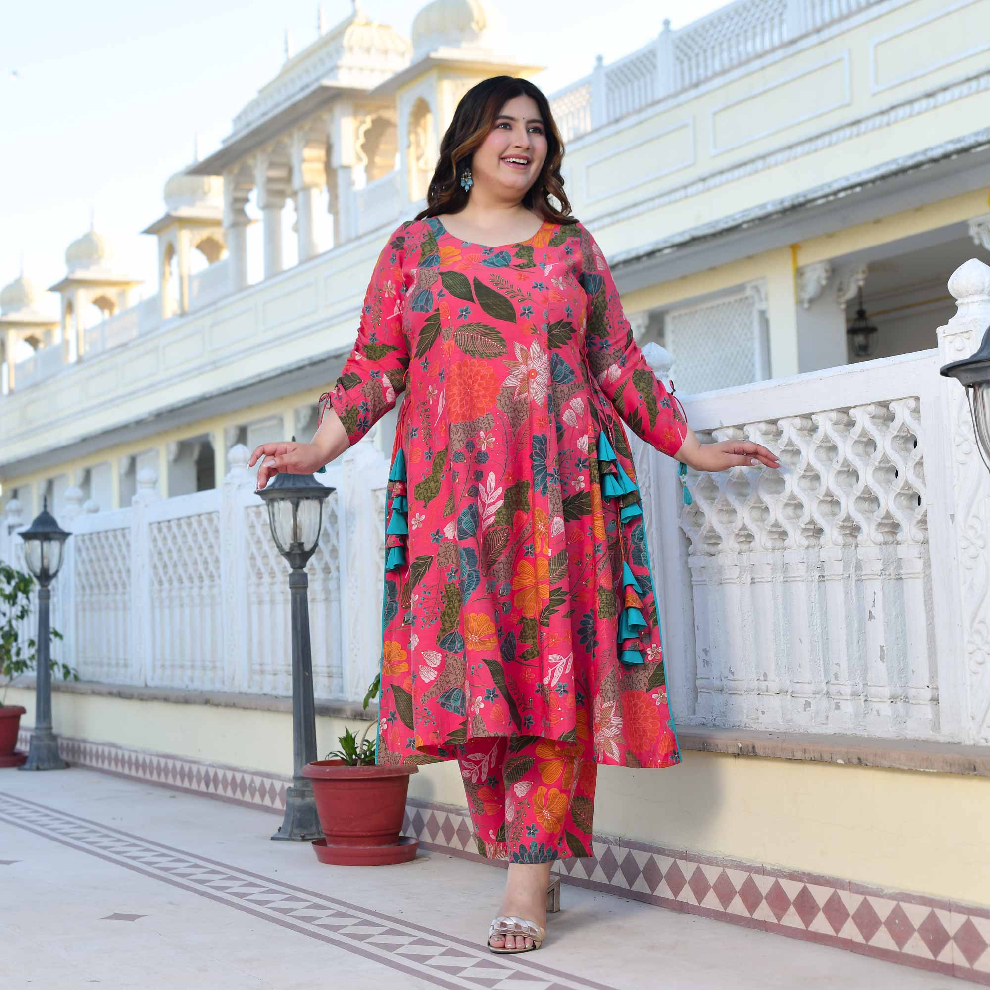 Zinnia- Raspberry Pink Floral Modal Viscose Blend Aline Slit Kurta Pant Set Zinnia- Raspberry Pink Floral Modal Viscose Blend Aline Slit Kurta Pant Set