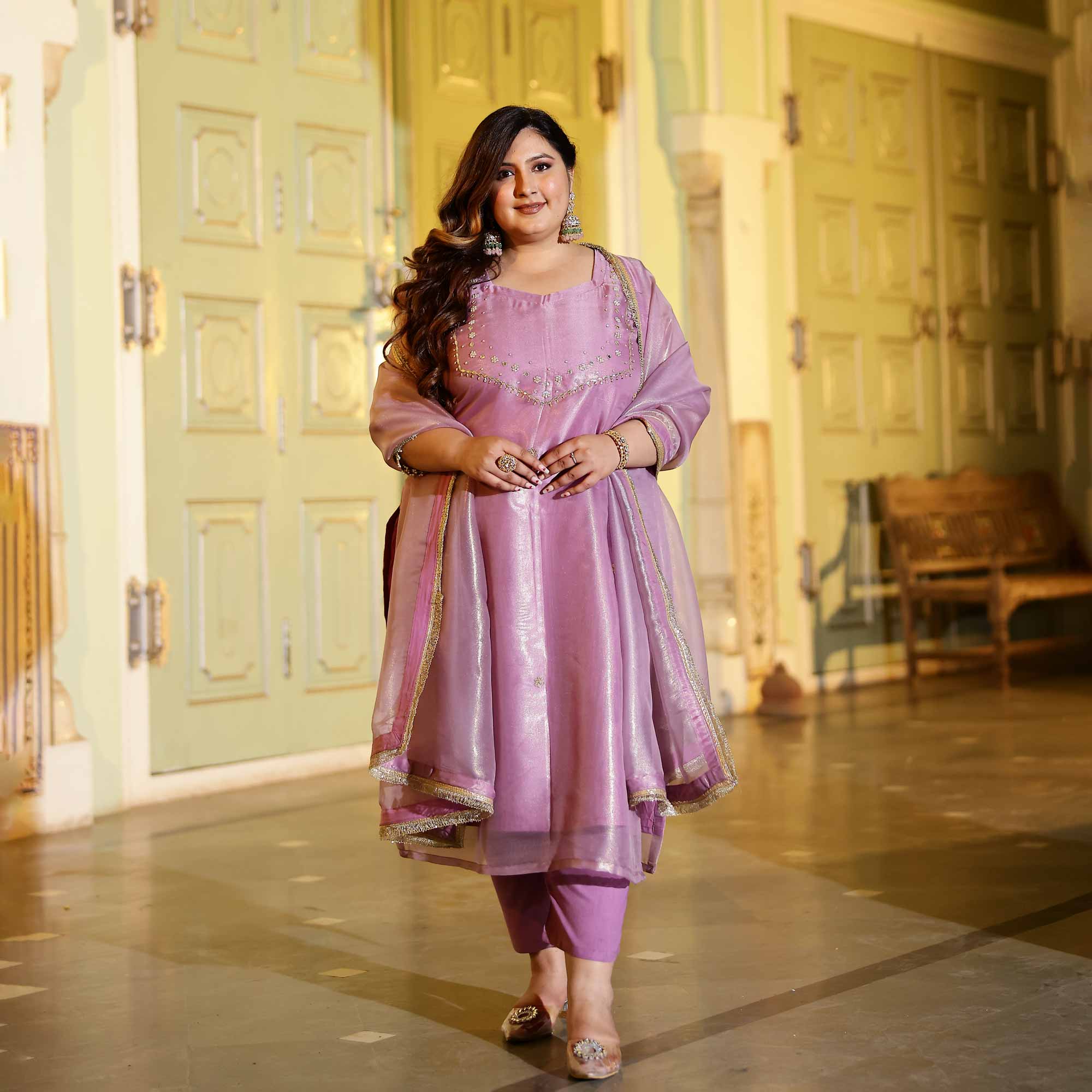Lavender Glitz Tissue Gota Patti Handwork Suit Set