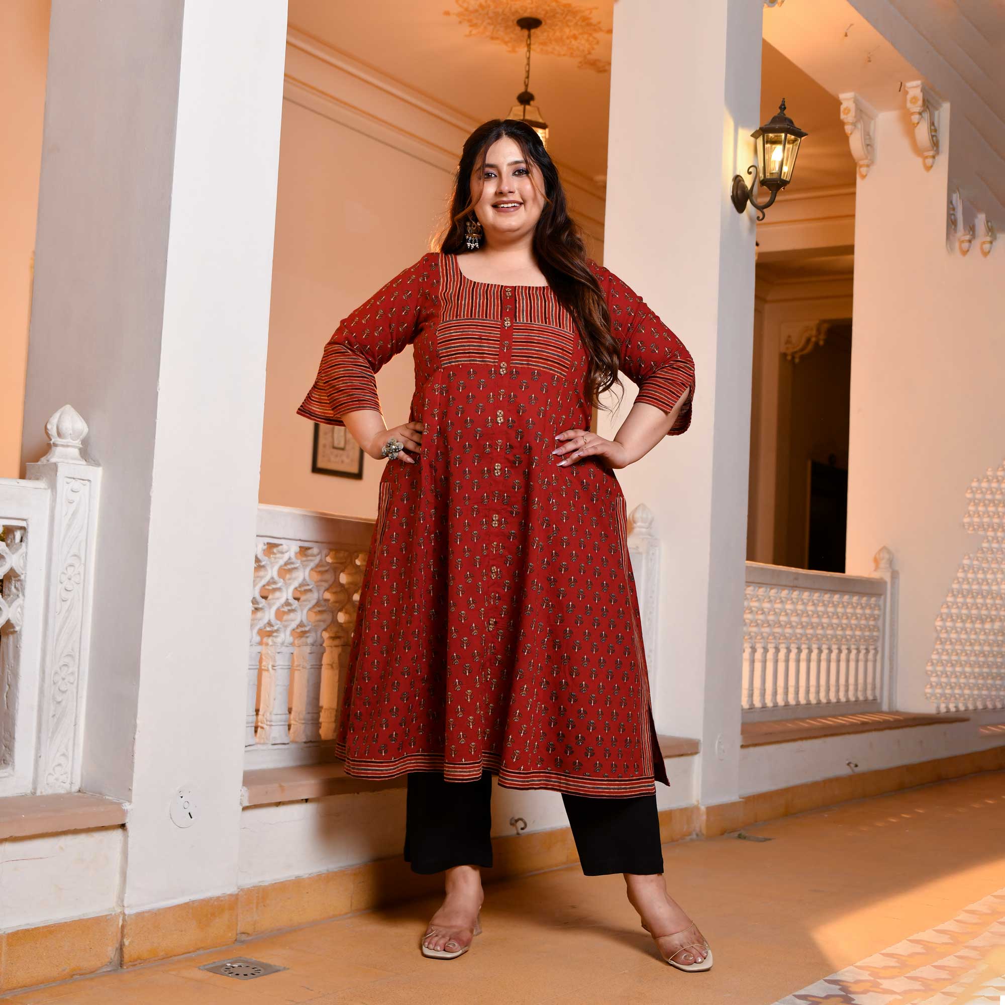 Maati- Earthy Brown Handblock Printed Aline Slit Kurta