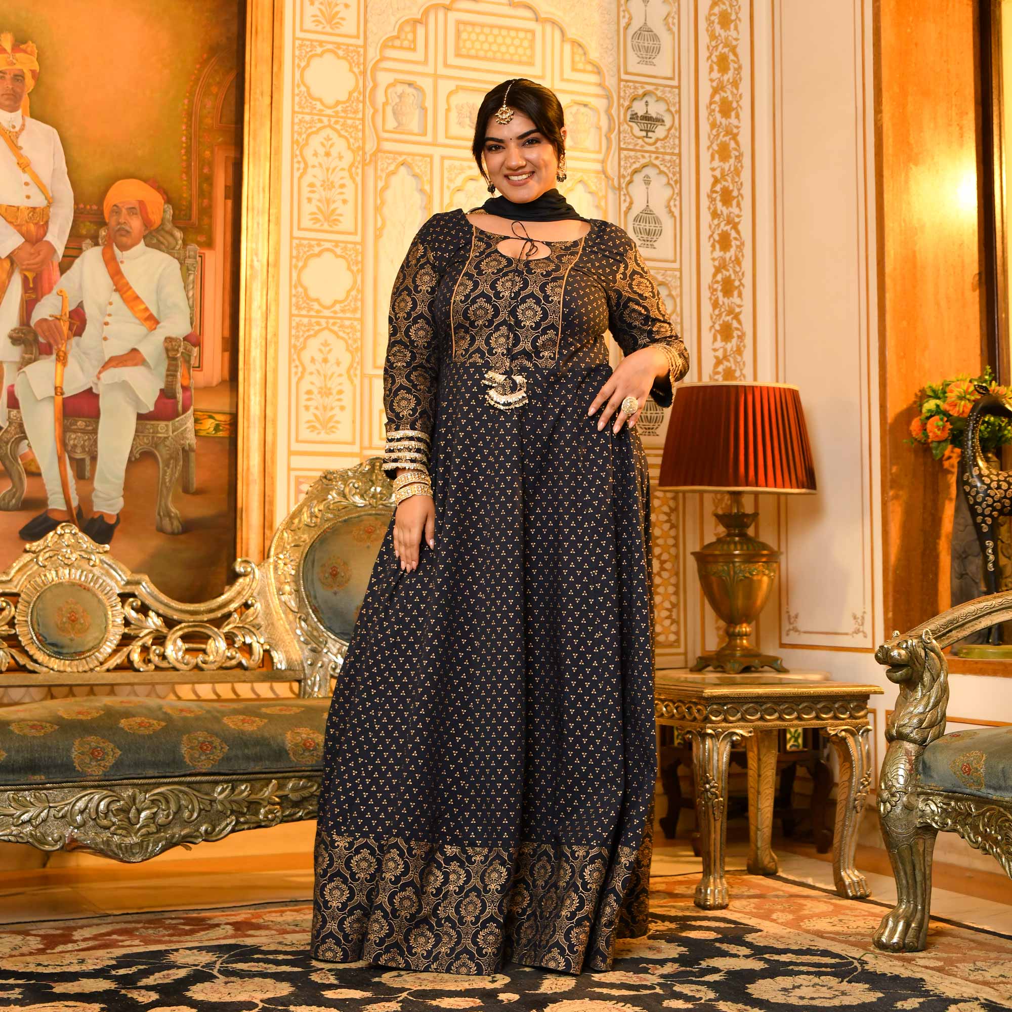 Kaushiki- Deep Blue & Gold Block Pure Cotton Printed Anarkali Kaushiki- Deep Blue & Gold Block Pure Cotton Printed Anarkali
