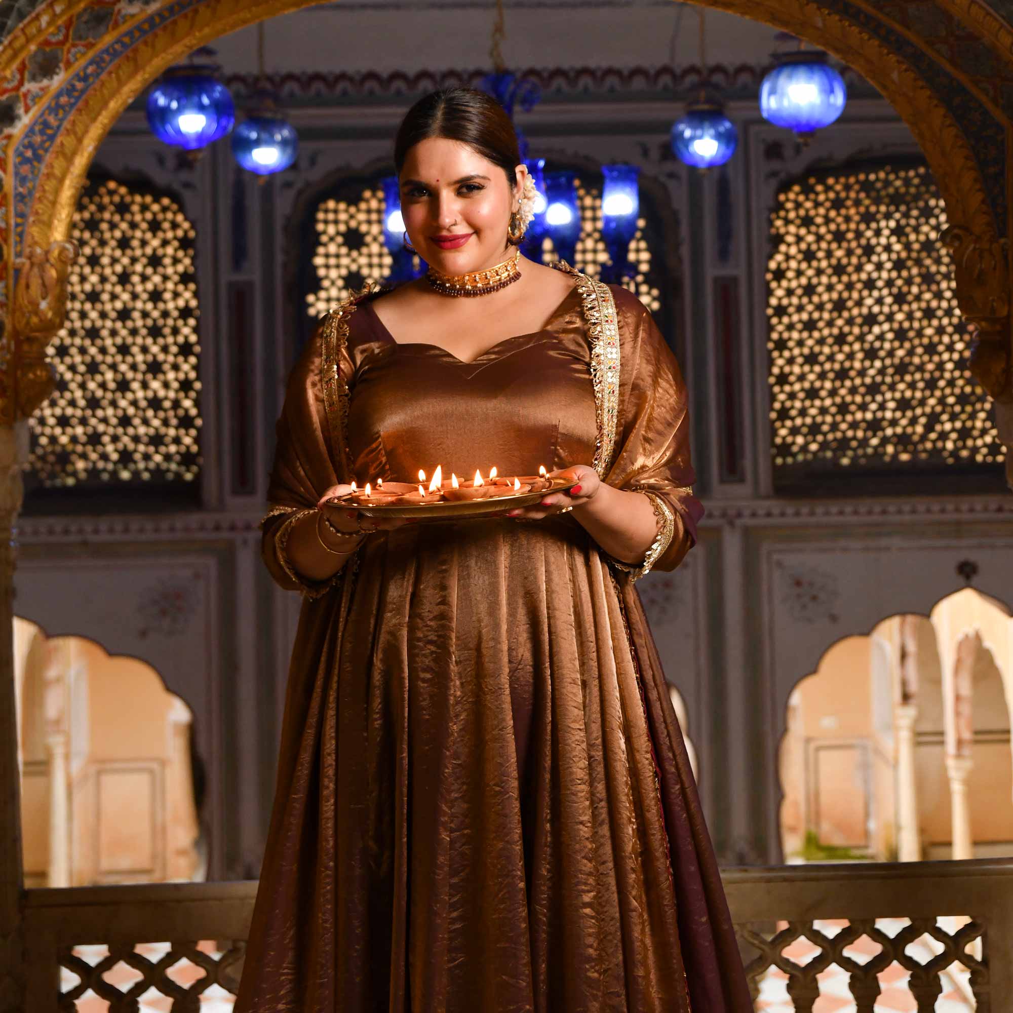 Chamakta Taaj- Copper & Gold Tissue Silk Anarkali Set