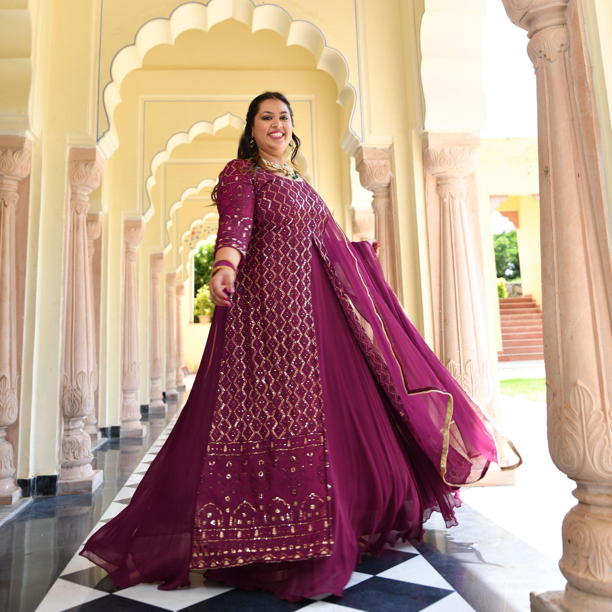 Wine Thread Embroidered Georgette Anarkali Dress Wine Thread Embroidered Georgette Anarkali Dress