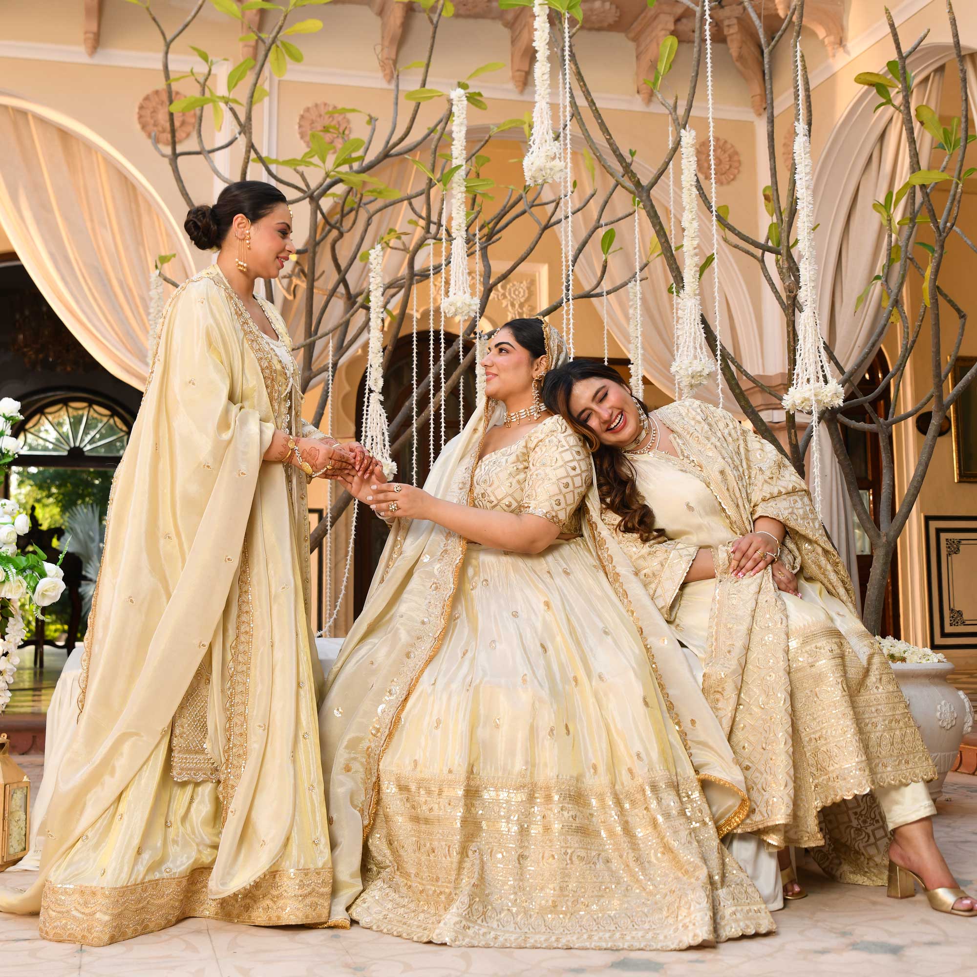 SAHIBA - Ivory & Gold Sequin Embroidered Pure Tissue Silk Suit Set