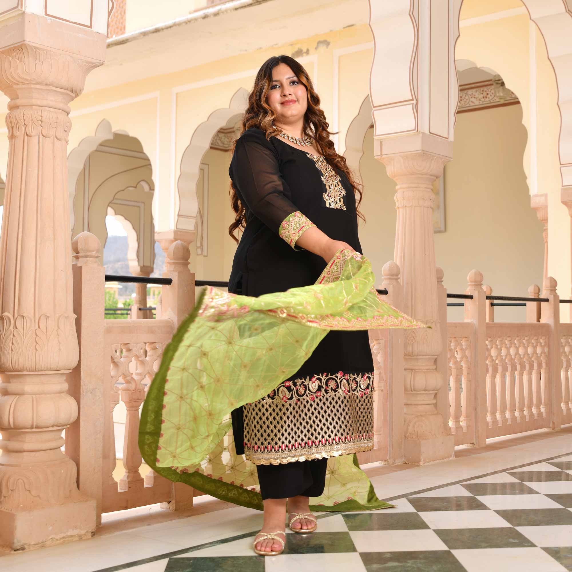 Moss & Midnight Black Georgette Suit Set