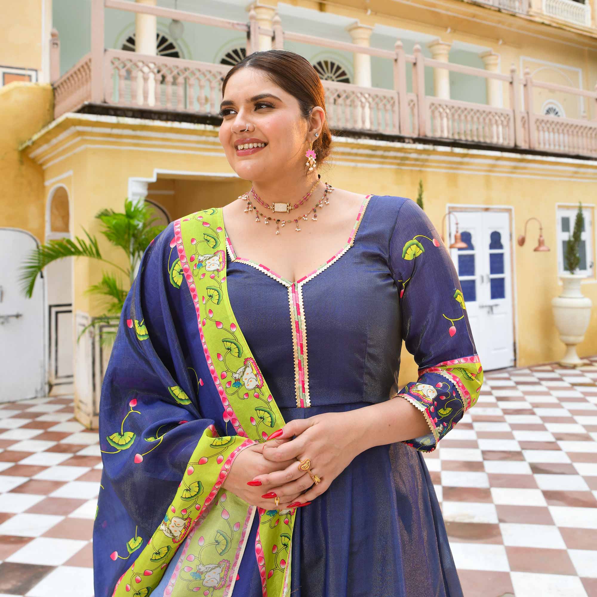 Neel Aabha- Blue Tissue Silk Pichwai Printed Anarkali Set Neel Aabha- Blue Tissue Silk Pichwai Printed Anarkali Set