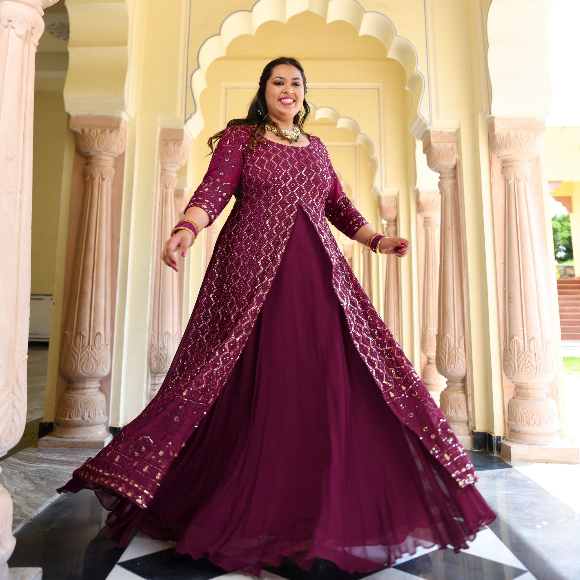 Wine Thread Embroidered Georgette Anarkali Dress Wine Thread Embroidered Georgette Anarkali Dress