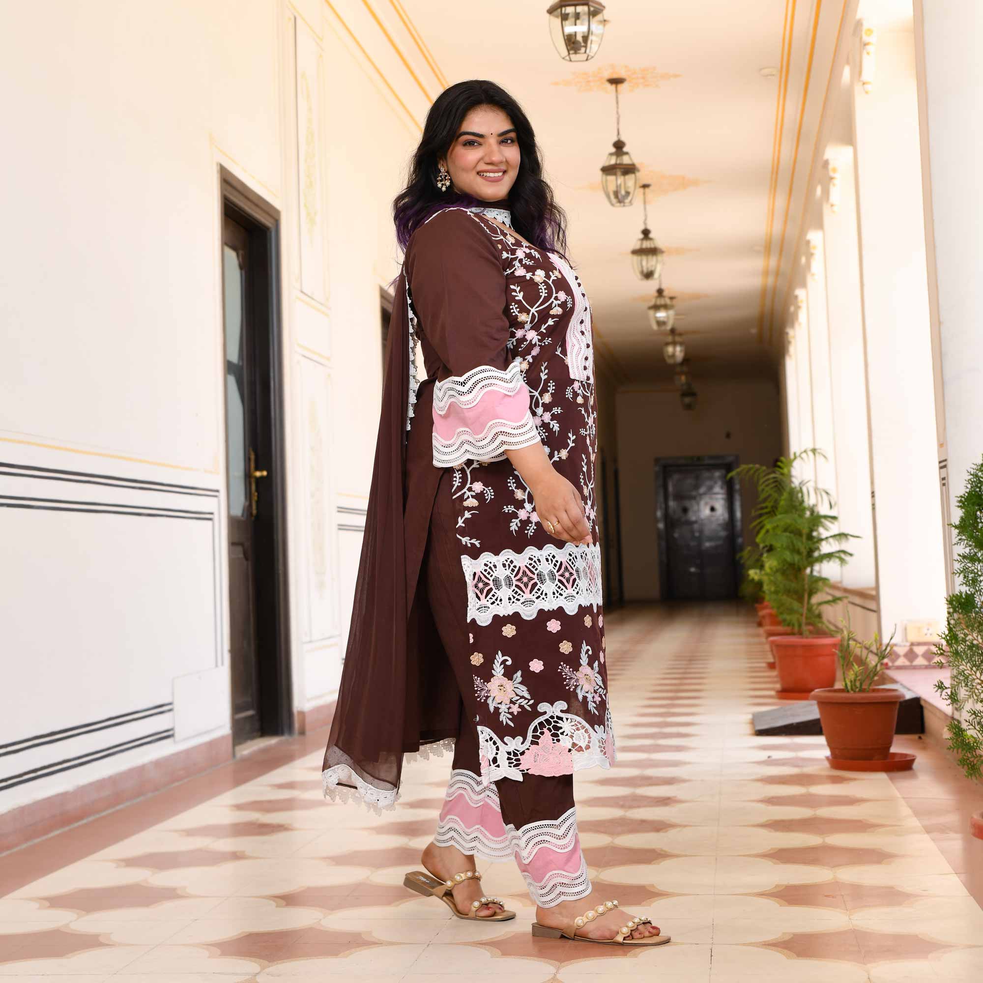 Sahaj- Deep Coffee Chikankari Embroidered Pure Cotton Suit Set Sahaj- Deep Coffee Chikankari Embroidered Pure Cotton Suit Set