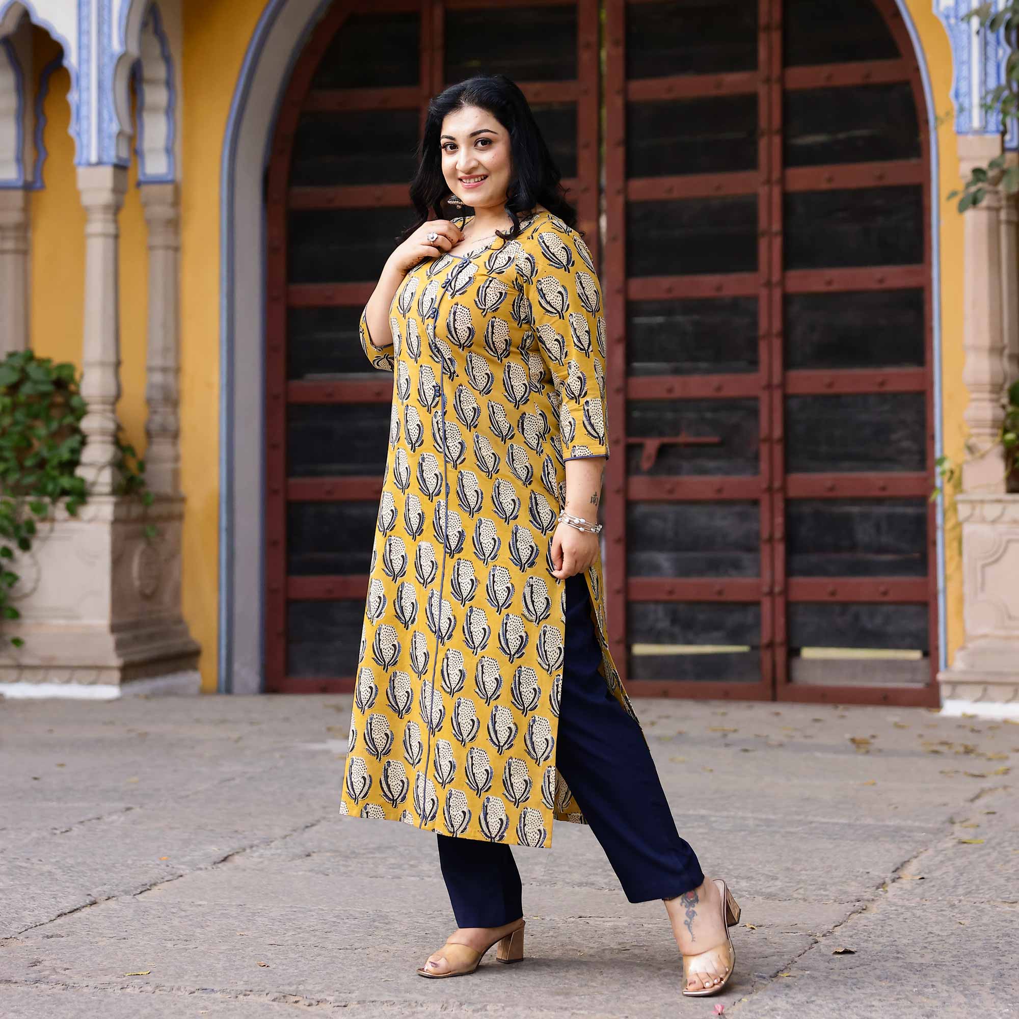 Buttercup Yellow Handblock Printed Cotton Kurta