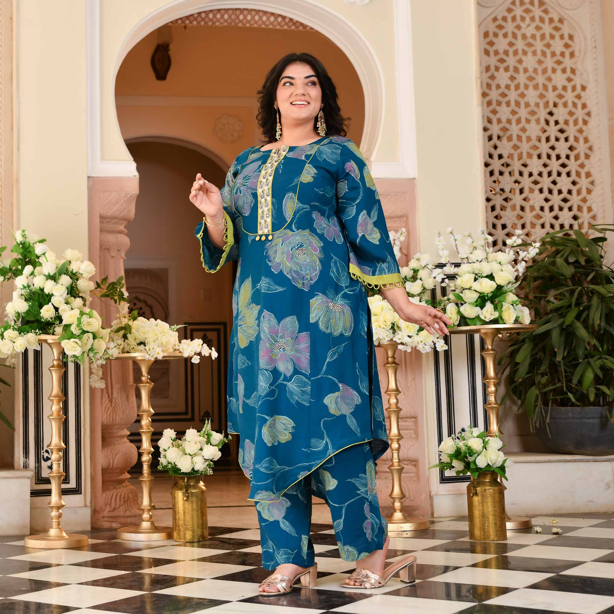 Charming Teal Floral Modal Viscose Aline Kurta Pant Set