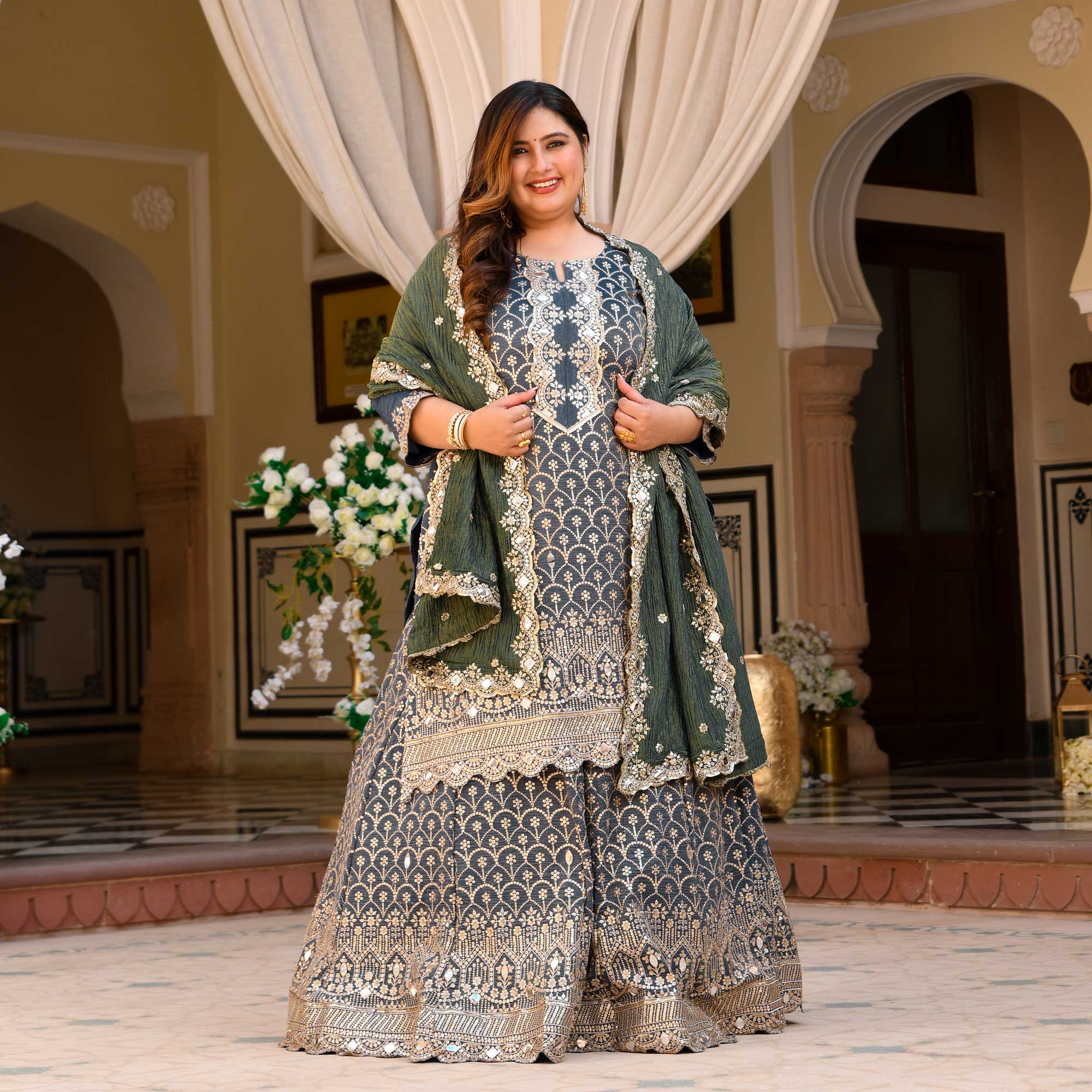Leela - Slate Grey & Limed Ash Crushed Sequin Embroidered Pure Tissue Silk Skirt Set