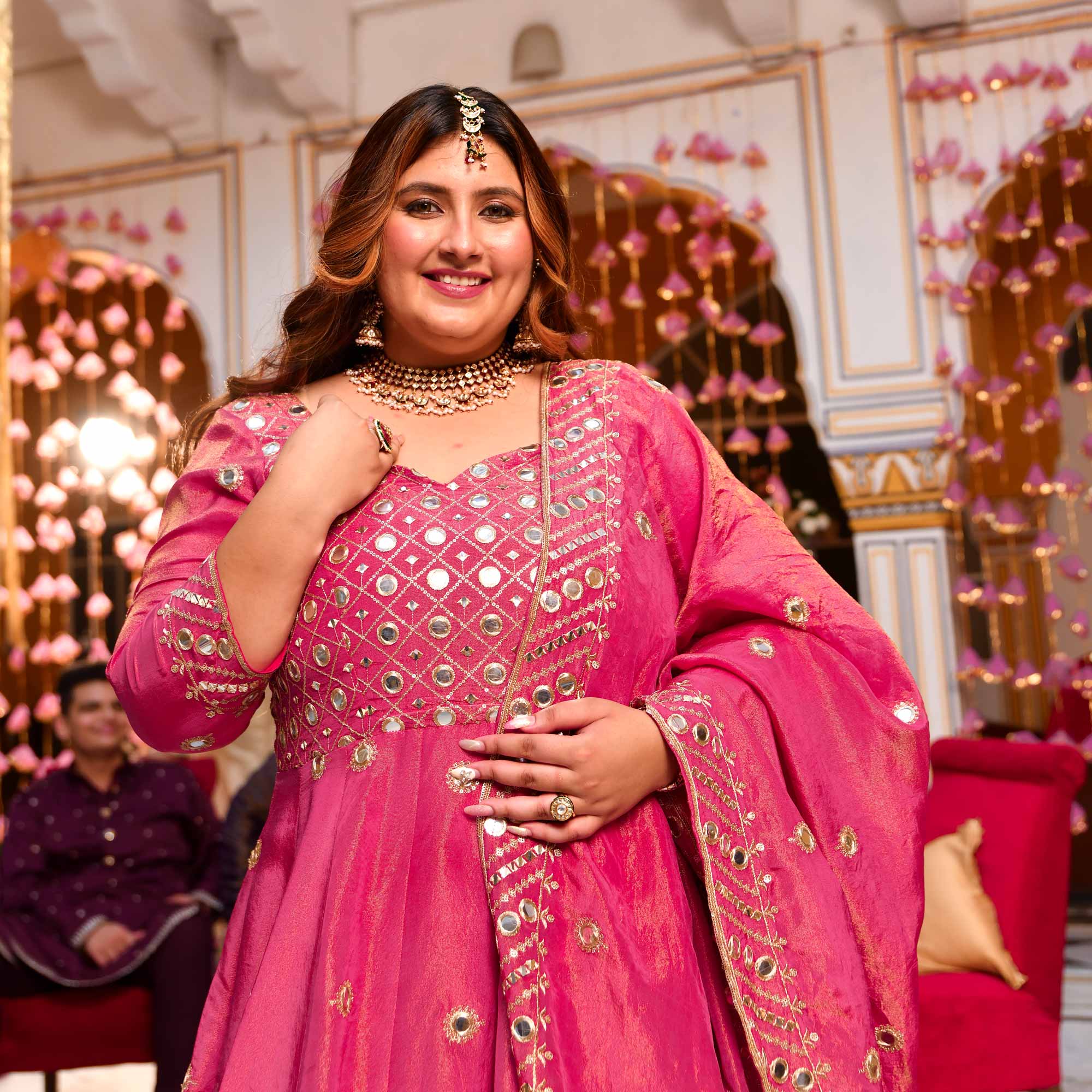Dazzling Peony -Deep Pink Pure Tissue Silk Embroidered Anarkali Set Dazzling Peony -Deep Pink Pure Tissue Silk Embroidered Anarkali Set