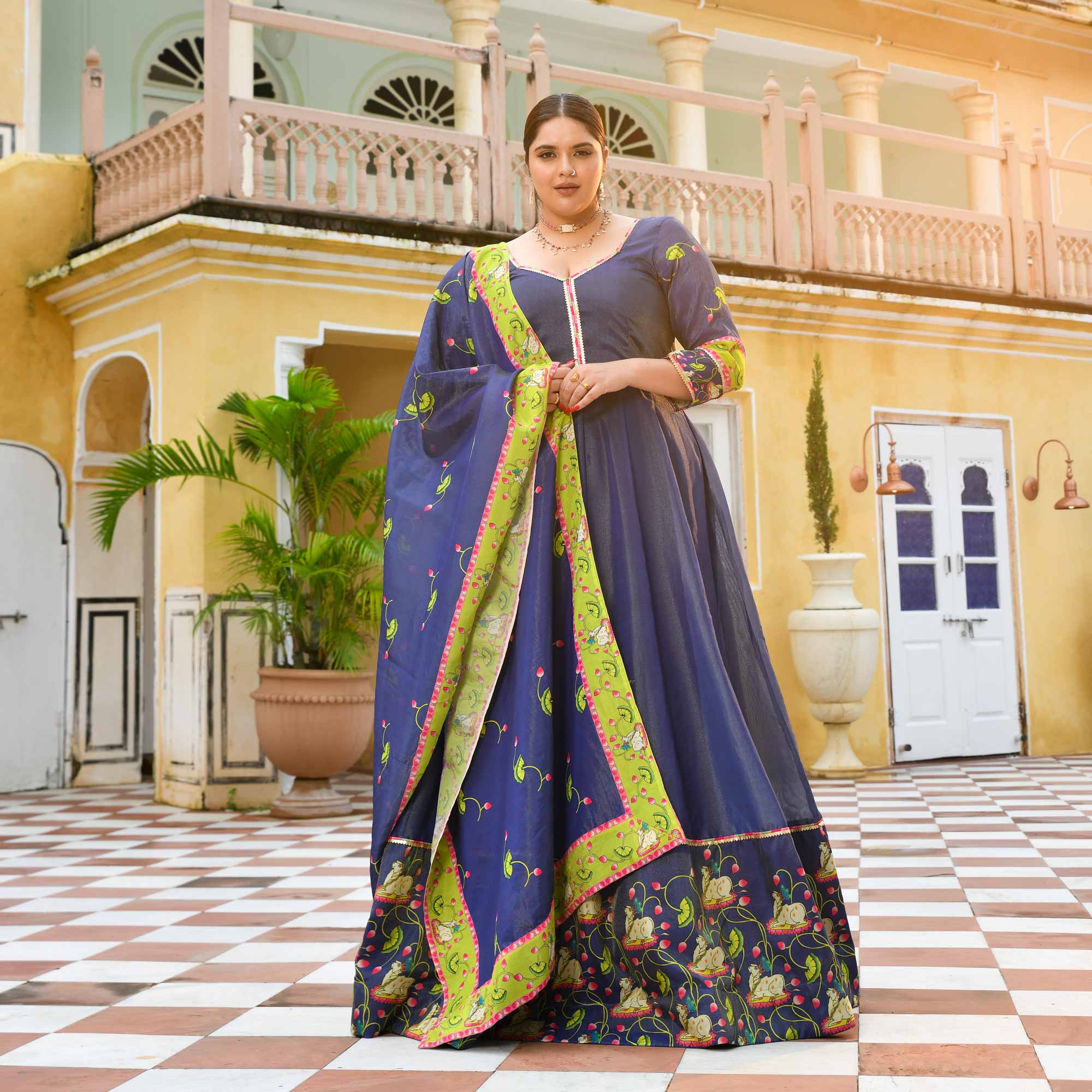 Neel Aabha- Blue Tissue Silk Pichwai Printed Anarkali Set Neel Aabha- Blue Tissue Silk Pichwai Printed Anarkali Set