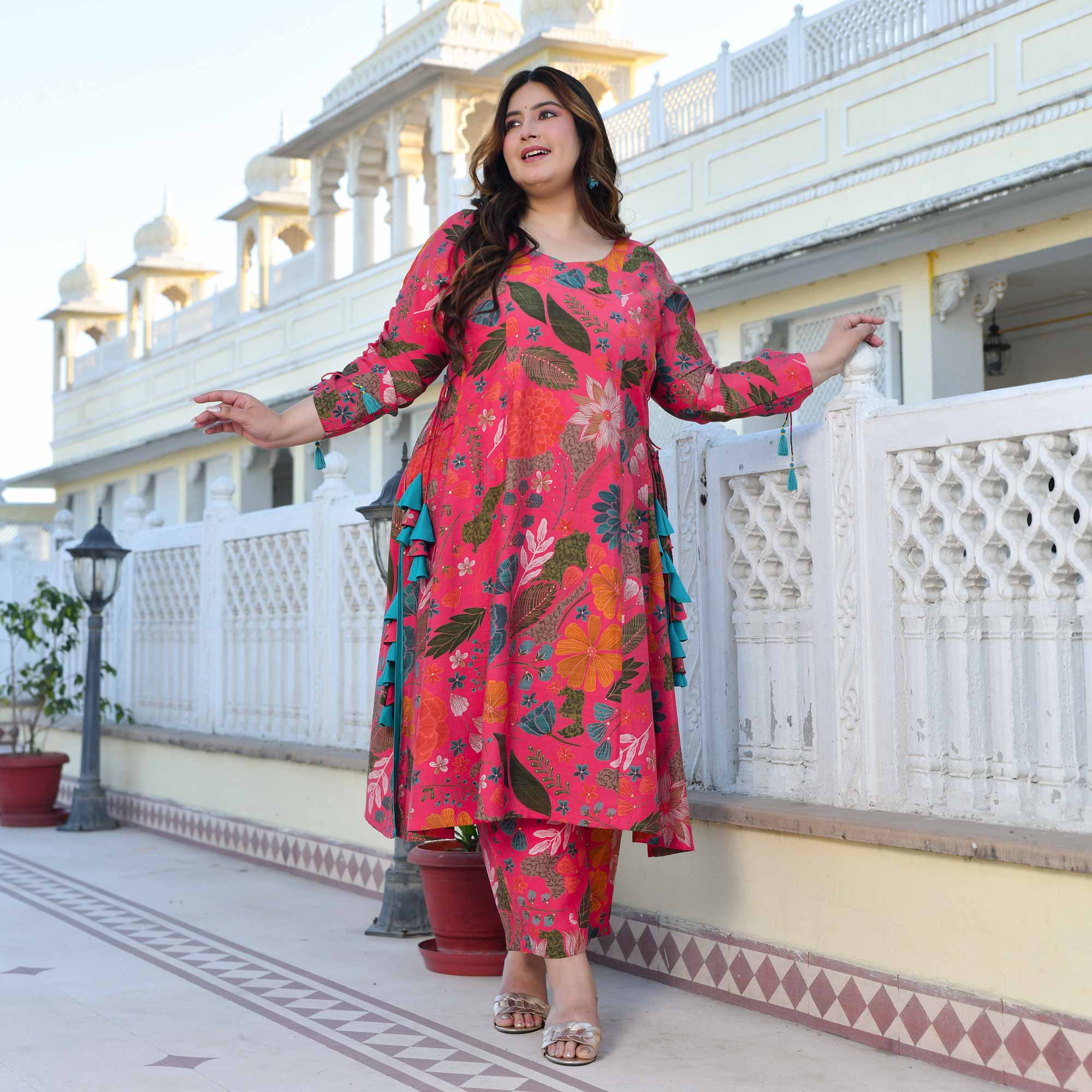 Zinnia- Raspberry Pink Floral Modal Viscose Blend Aline Slit Kurta Pant Set Zinnia- Raspberry Pink Floral Modal Viscose Blend Aline Slit Kurta Pant Set