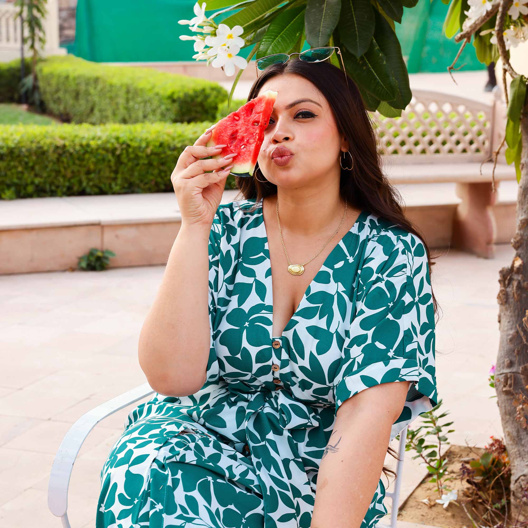 Leafy Delight Moss Crepe Aline Dress