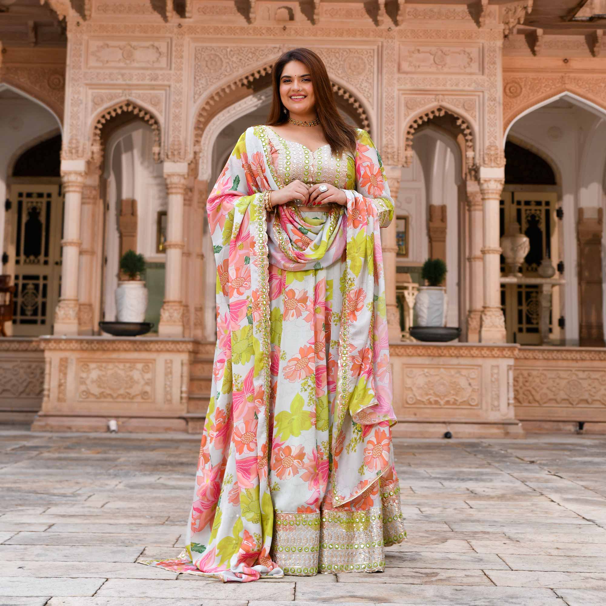 Dewy Blooms Floral Satin Embroidered Lehenga Set Dewy Blooms Floral Satin Embroidered Lehenga Set