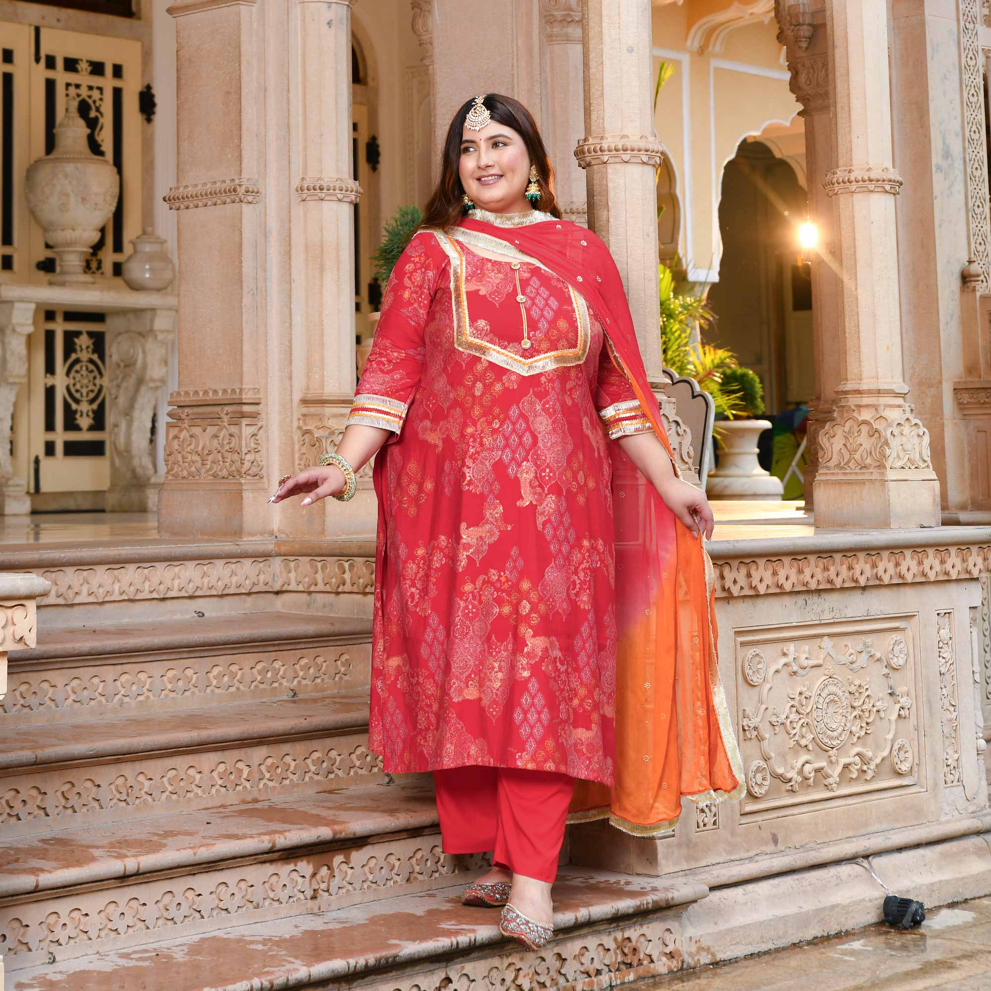 Red & Gold Printed Rayon Suit Set