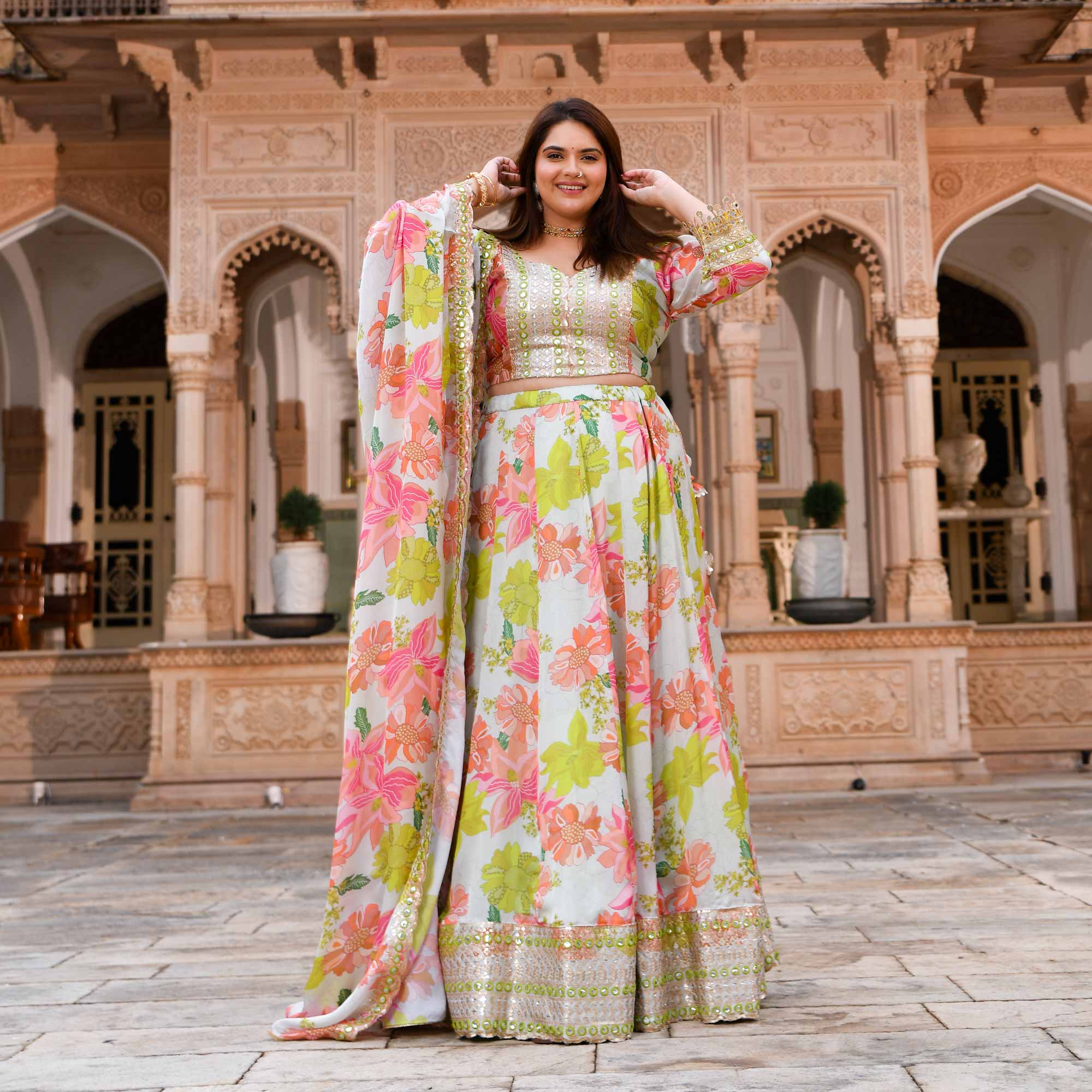 Dewy Blooms Floral Satin Embroidered Lehenga Set Dewy Blooms Floral Satin Embroidered Lehenga Set