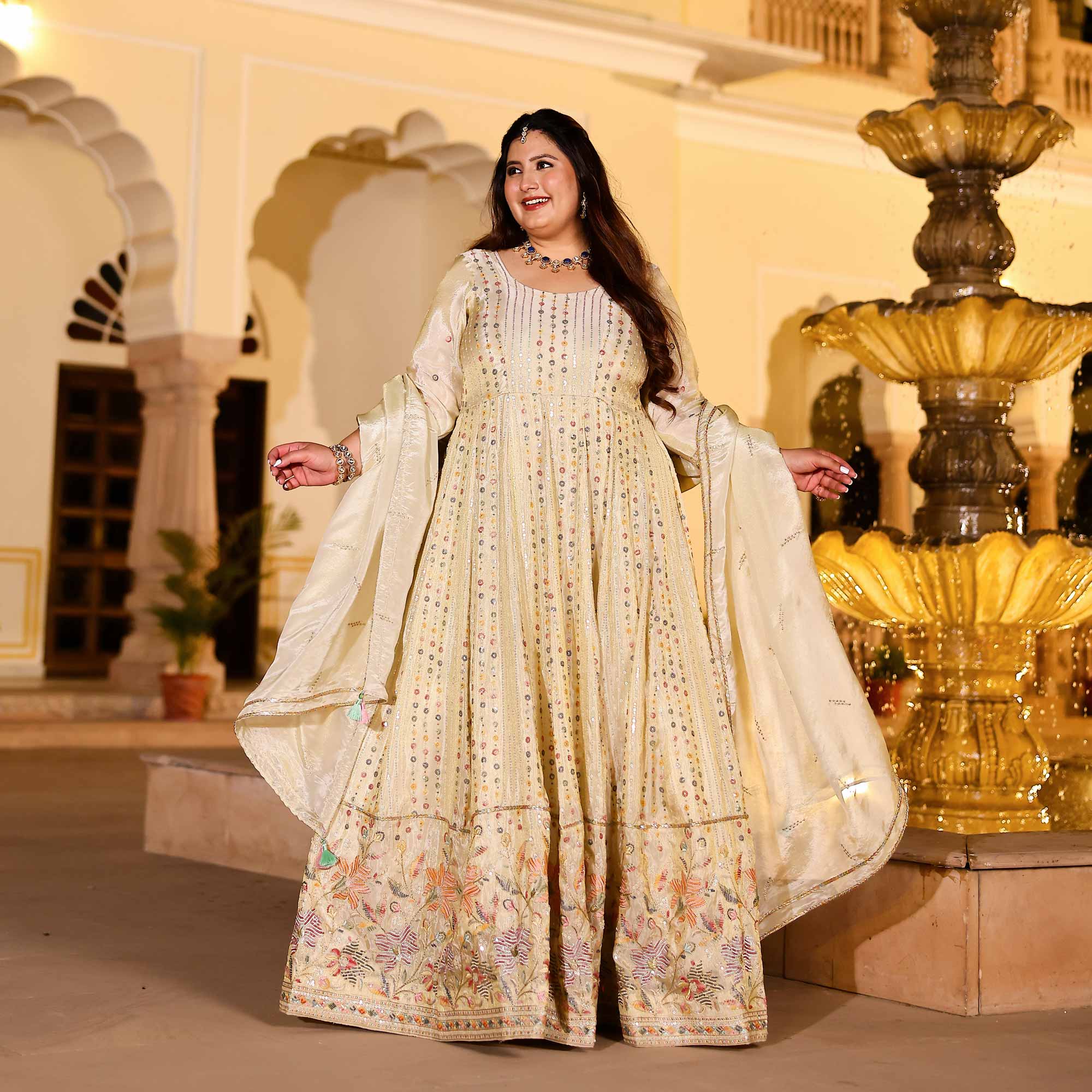 RAGINI Off-White & Gold Sequin Embroidered Pure Tissue Silk Anarkali Set RAGINI Off-White & Gold Sequin Embroidered Pure Tissue Silk Anarkali Set